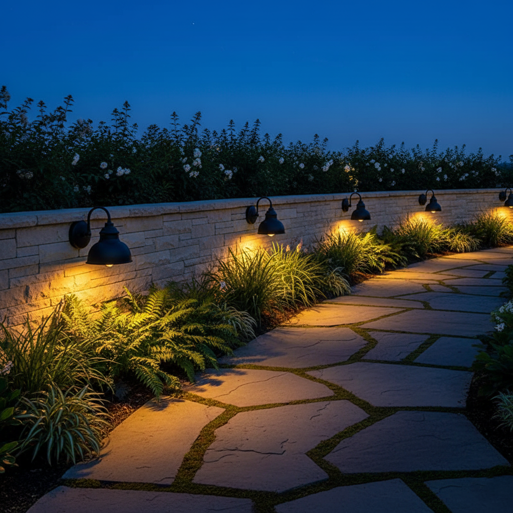 Aplique de pared exterior Jamira – en un muro de jardín iluminado