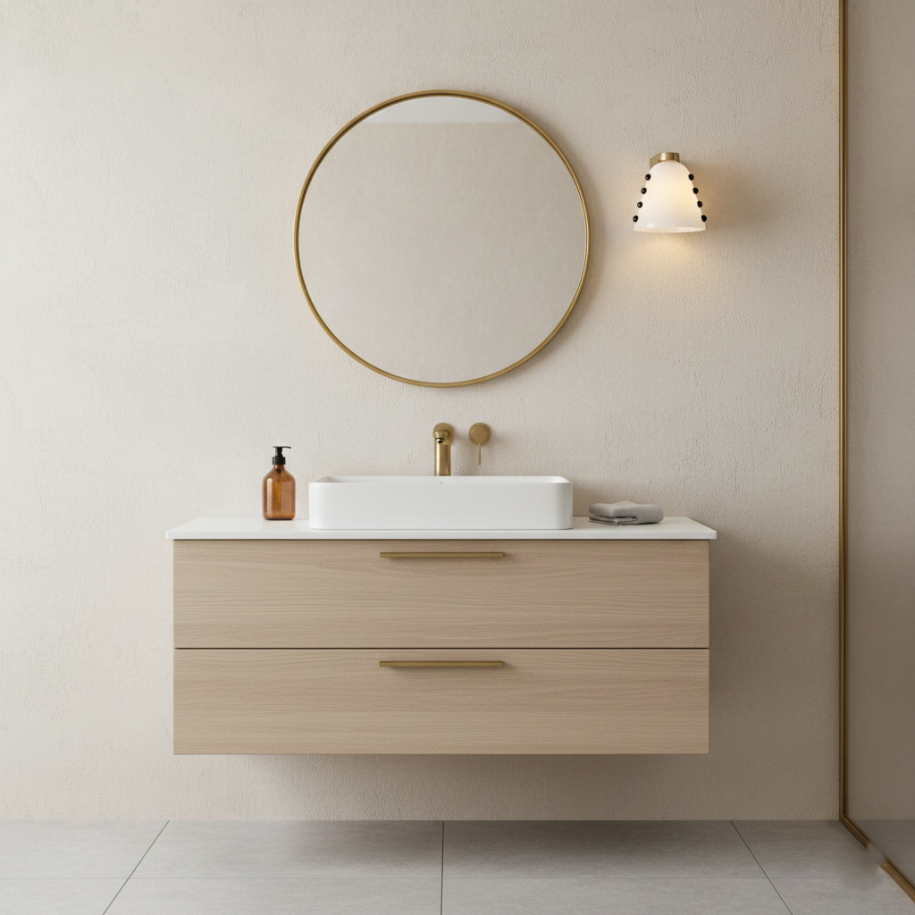 Aplique de pared de cerámica Macela – blanco junto al espejo del baño