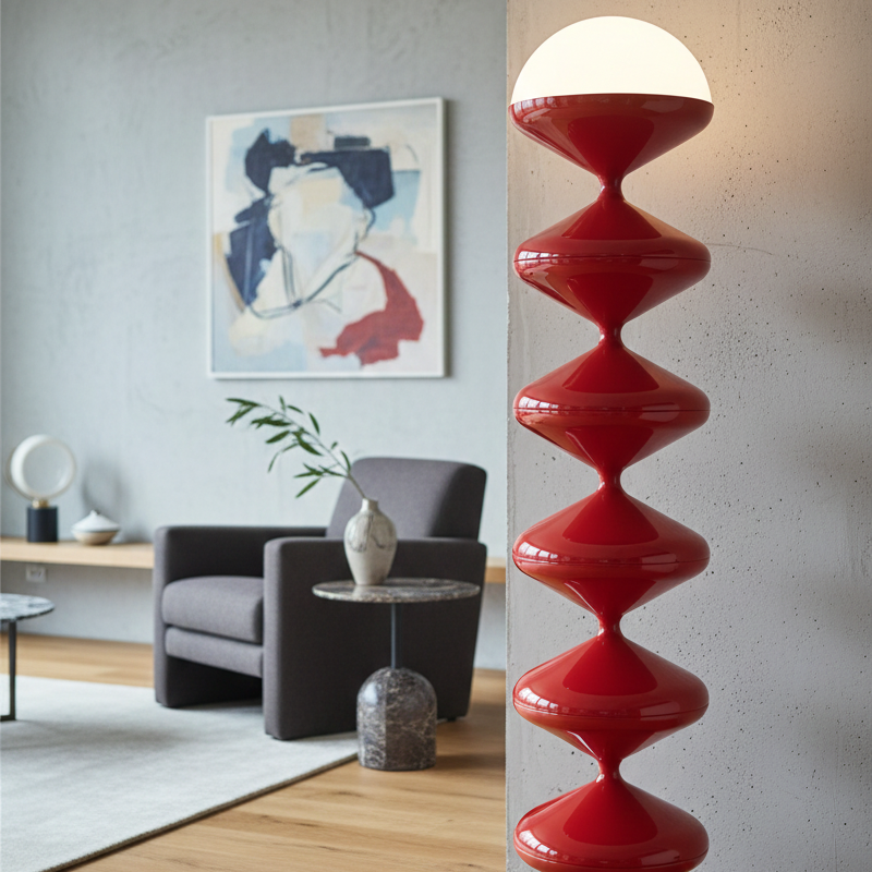 Lámpara de pie escultórica Yoyela – en rojo en un salón con butaca gris