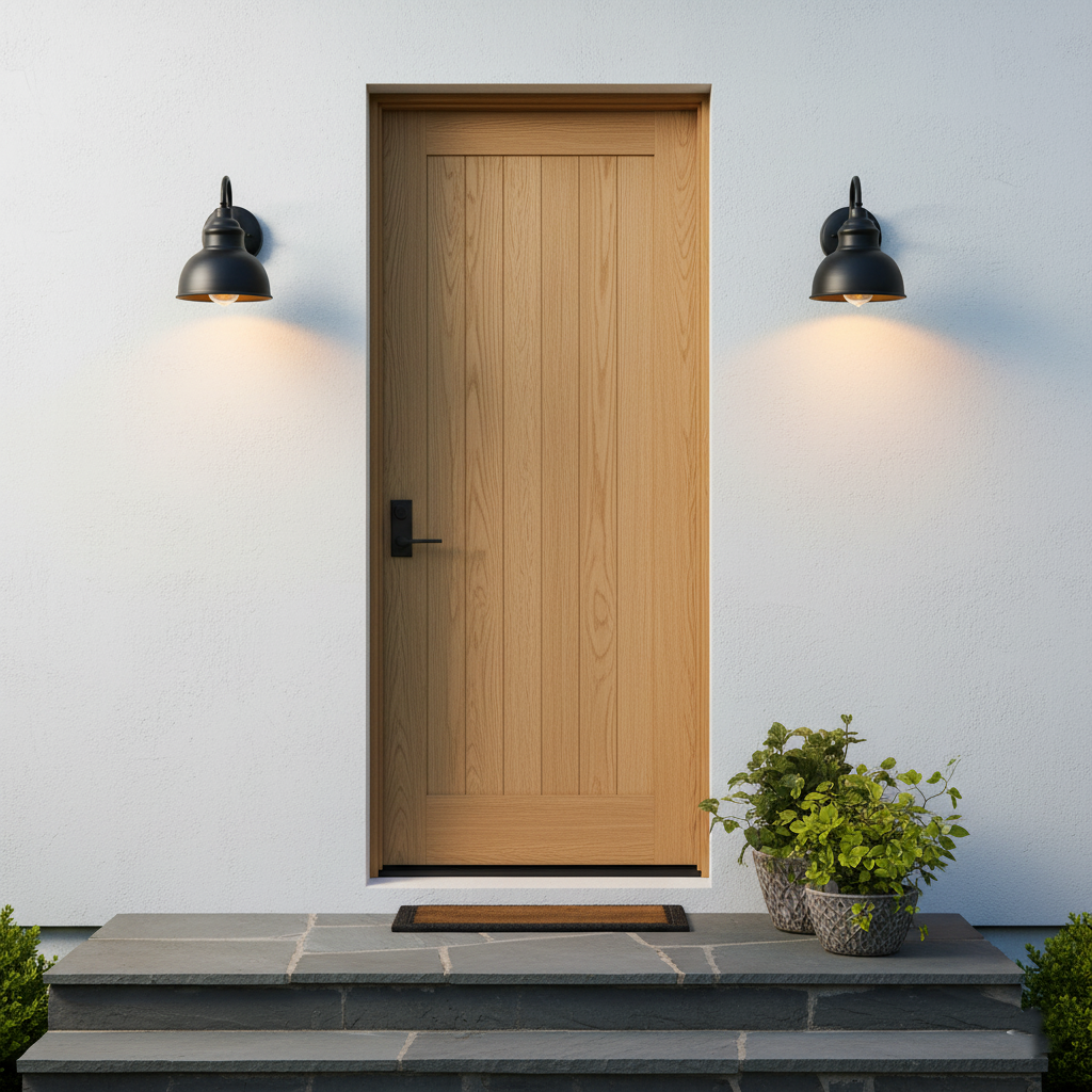 Aplique de pared exterior Jamira – pareja junto a una puerta de madera