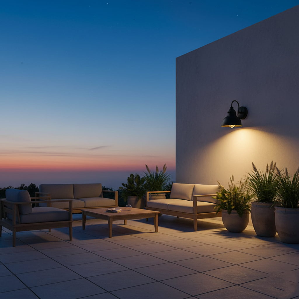 Aplique de pared exterior Jamira – en una terraza al atardecer