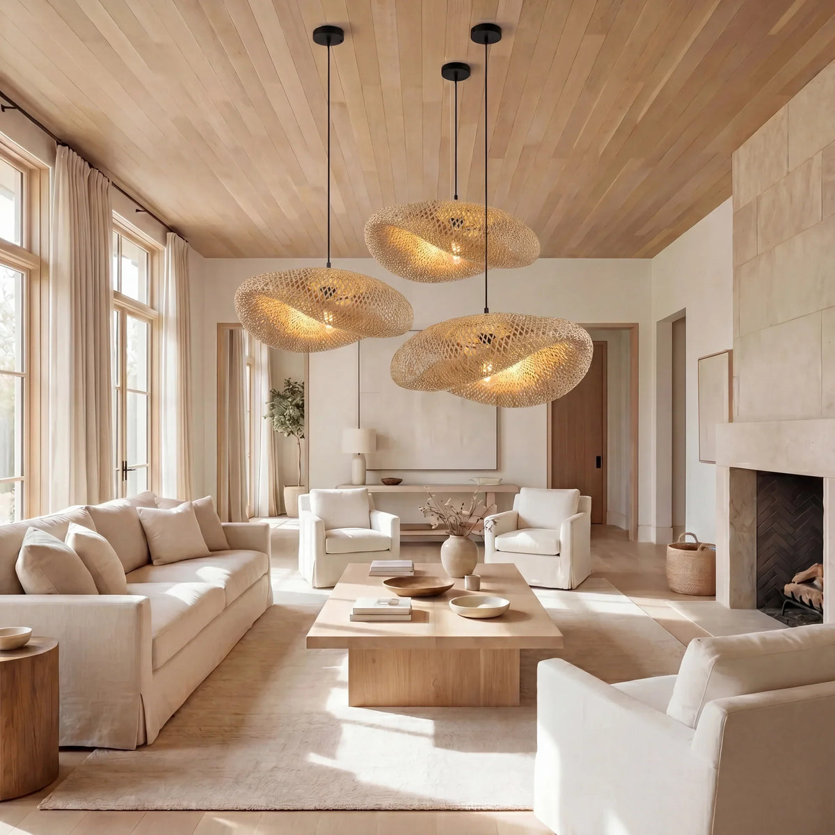 Lámpara colgante de bambú Juncal en un comedor de estilo natural – imagen 8