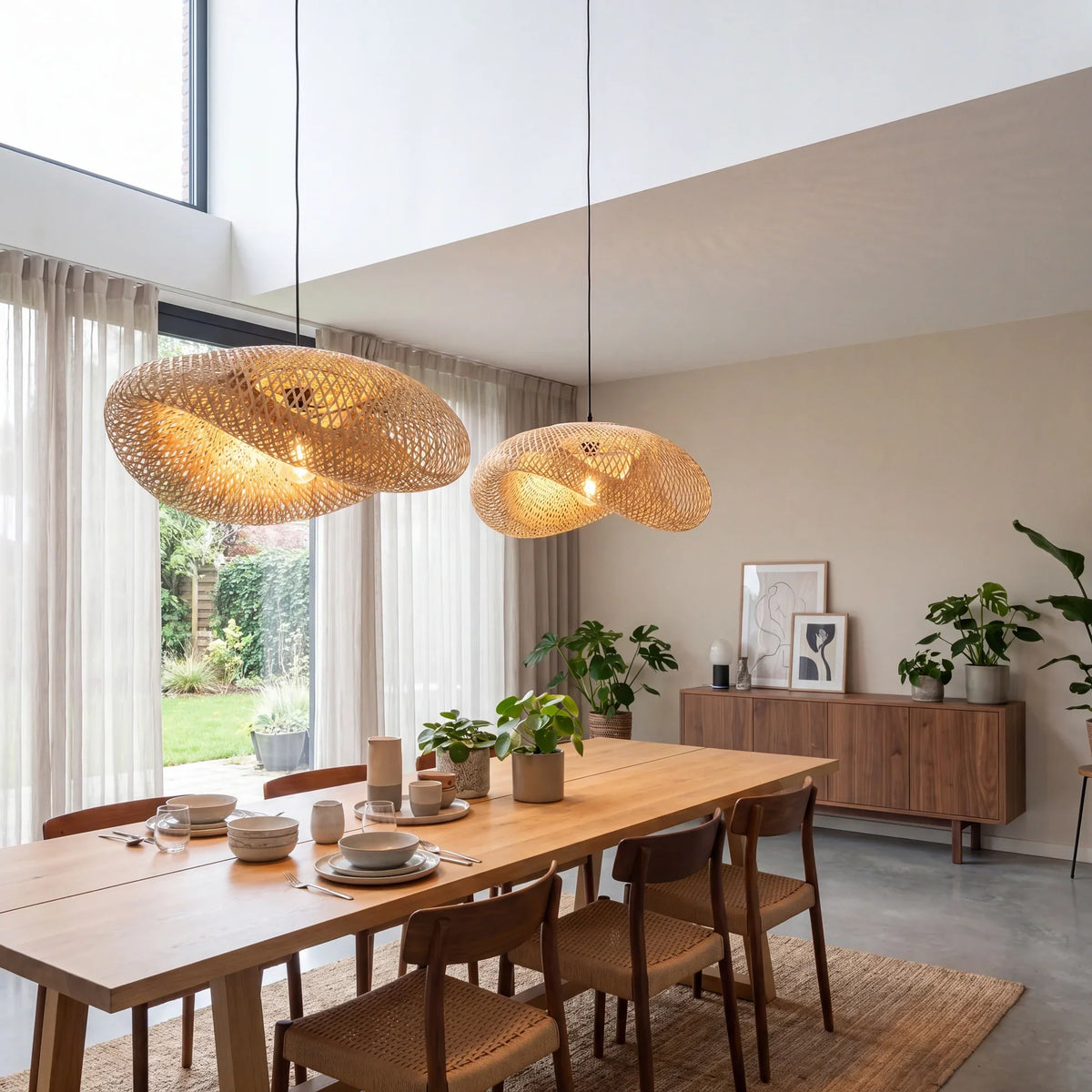Lámpara colgante de bambú Juncal en un comedor de estilo natural – imagen 5