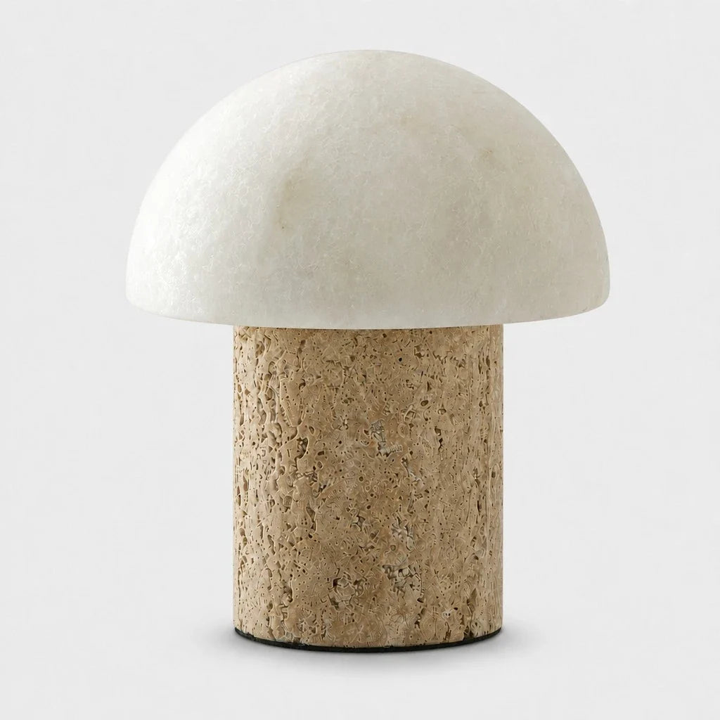 Lámpara de mesa seta de travertino Cepela sobre una cómoda luminosa – imagen 3