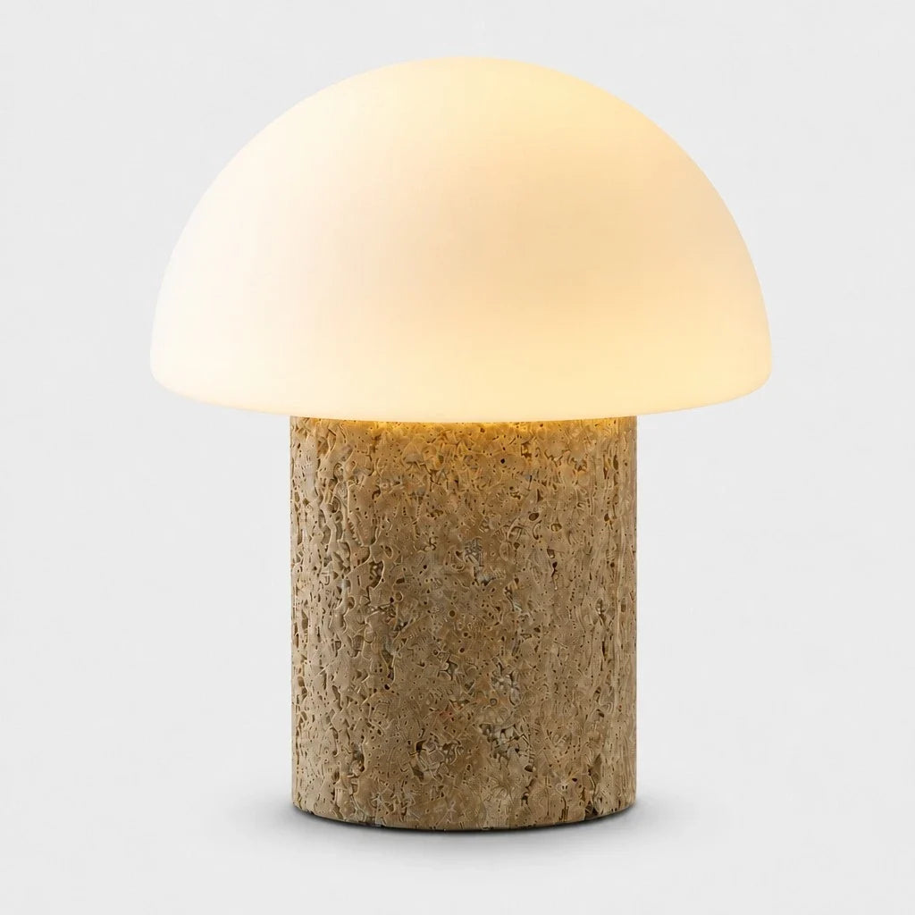 Lámpara de mesa seta de travertino Cepela – pantalla de cristal opal