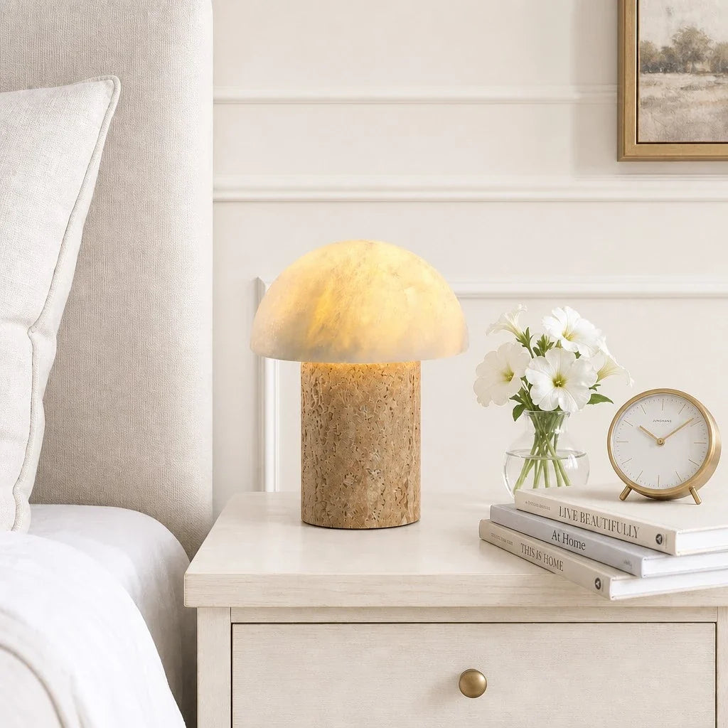 Lámpara de mesa seta de travertino Cepela sobre una cómoda luminosa – imagen 8