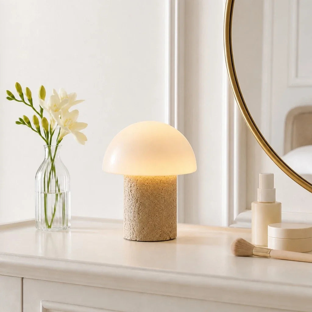 Lámpara de mesa seta de travertino Cepela sobre una cómoda luminosa – imagen 11