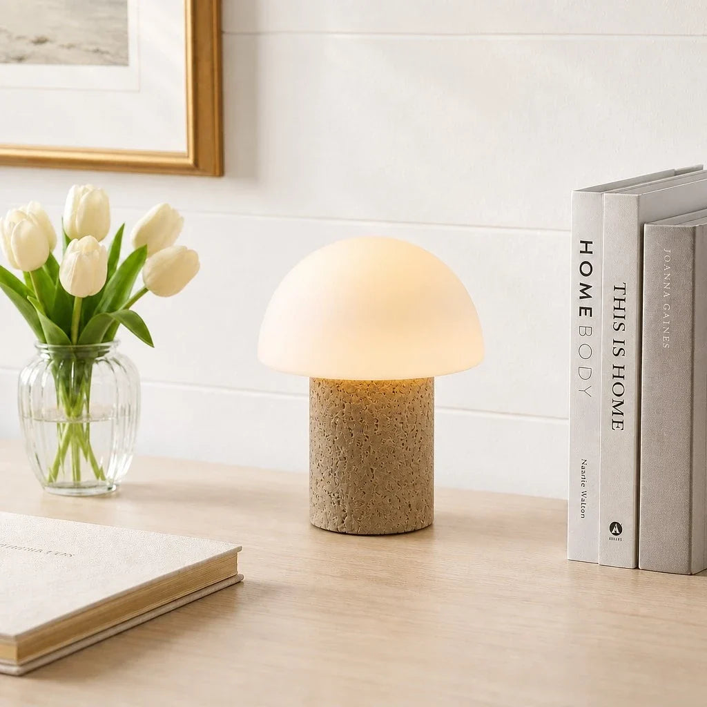 Lámpara de mesa seta de travertino Cepela sobre una cómoda luminosa – imagen 9