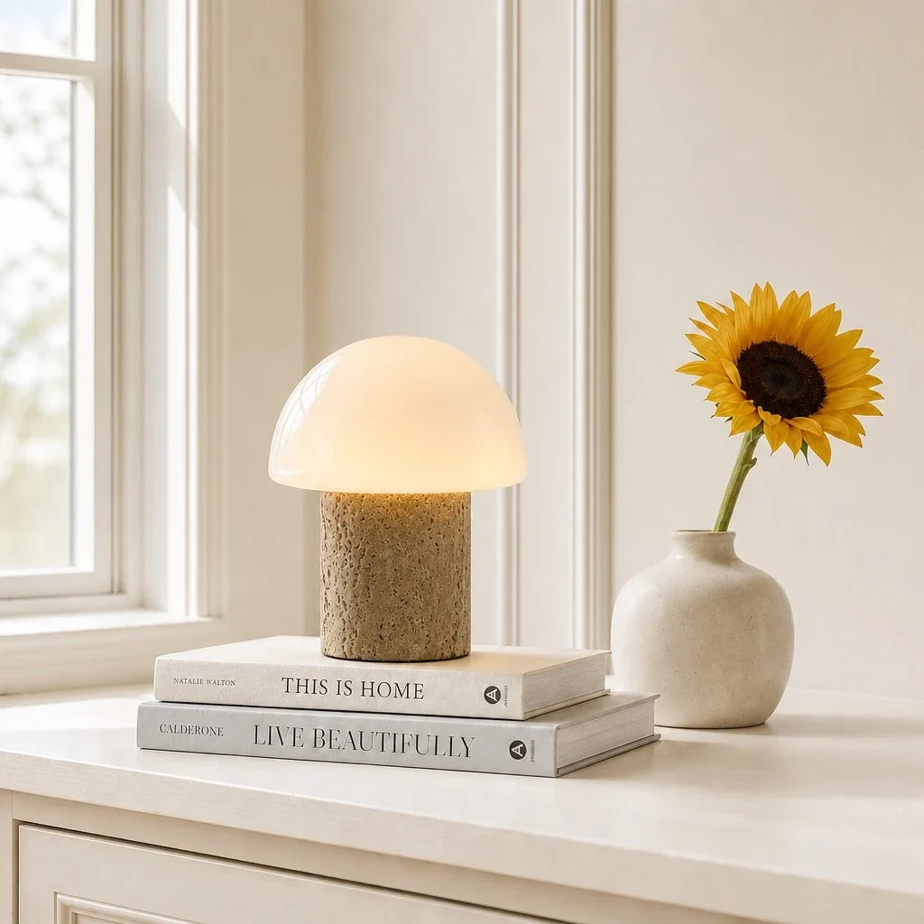 Lámpara de mesa seta de travertino Cepela sobre una cómoda luminosa – imagen 10