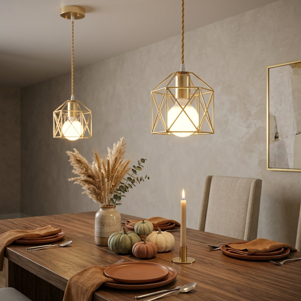 Lámpara colgante jaula geométrica Aristel sobre una mesa de comedor – imagen 4