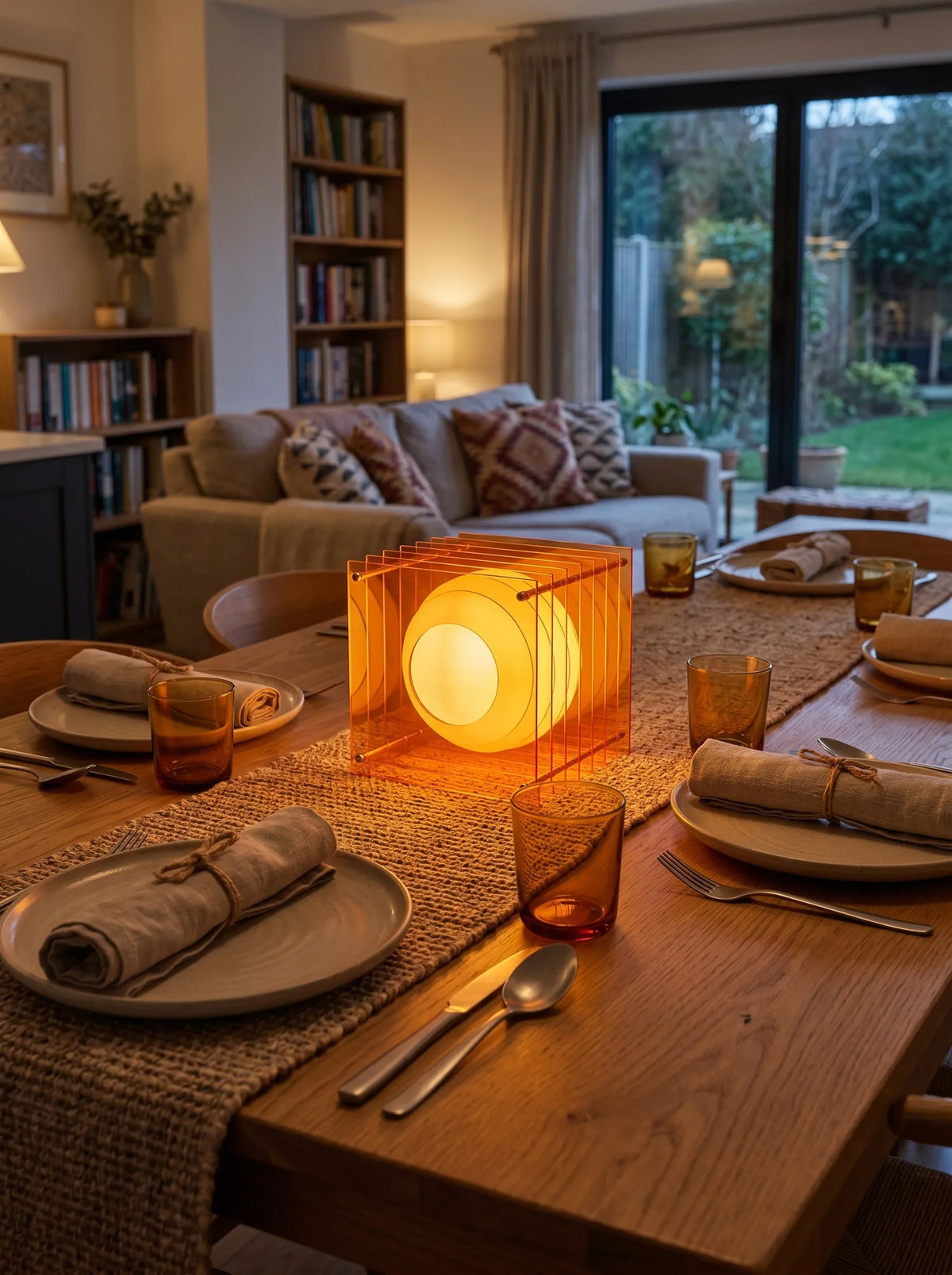 Lámpara de mesa de acrílico naranja Celuna en un salón cálido – imagen 5
