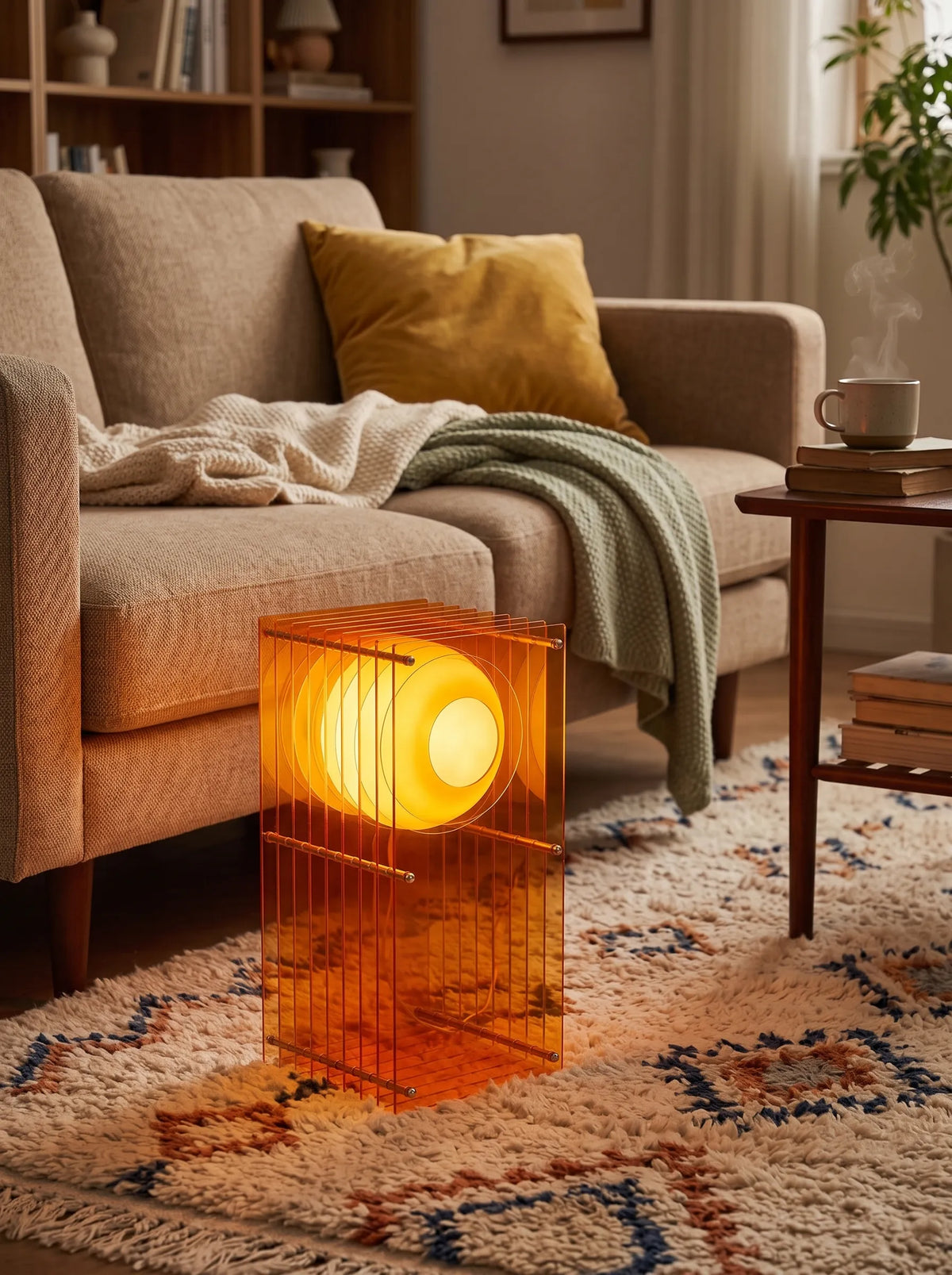 Lámpara de mesa de acrílico naranja Celuna en un salón cálido – imagen 10
