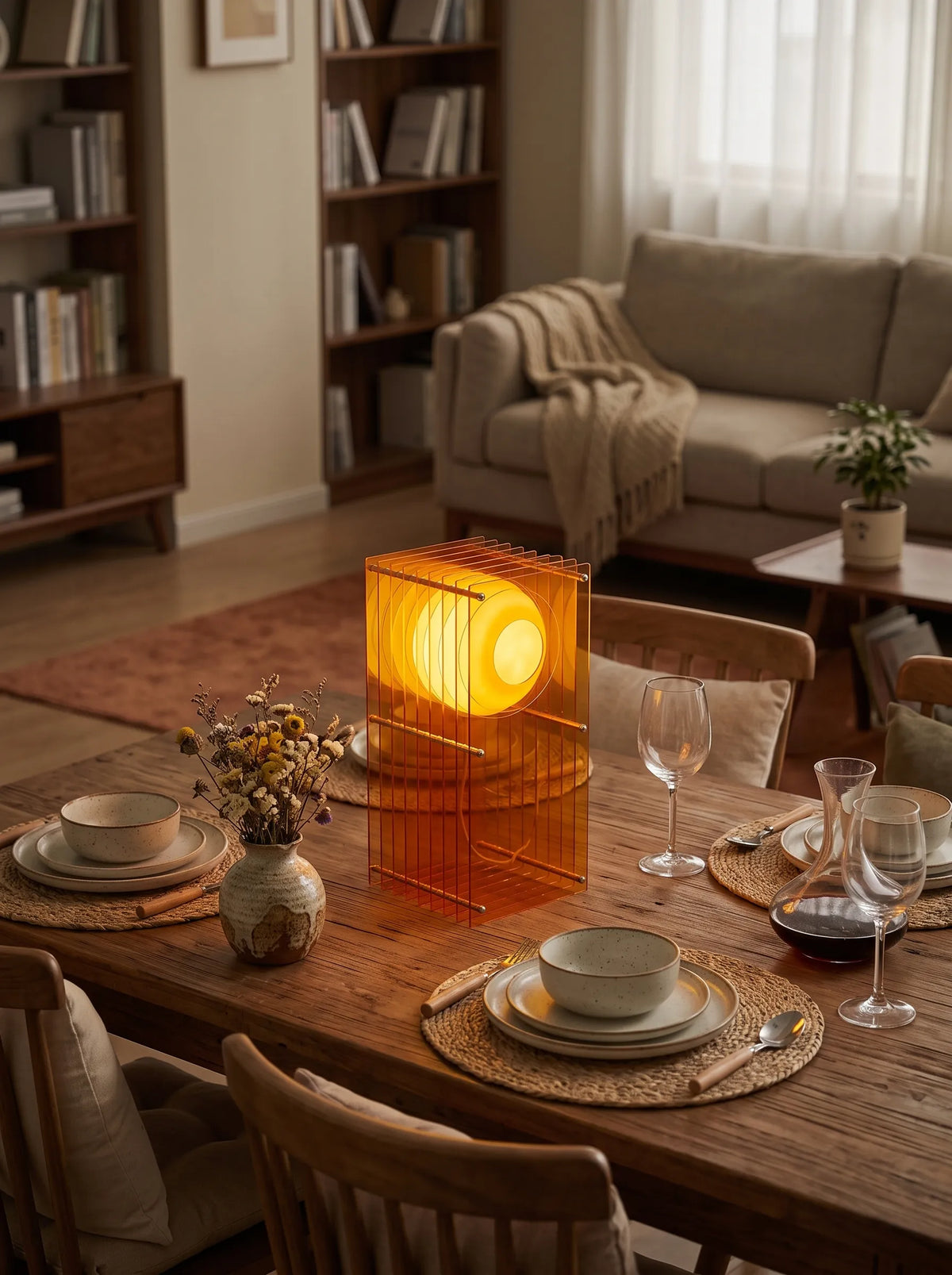 Lámpara de mesa de acrílico naranja Celuna en un salón cálido – imagen 6