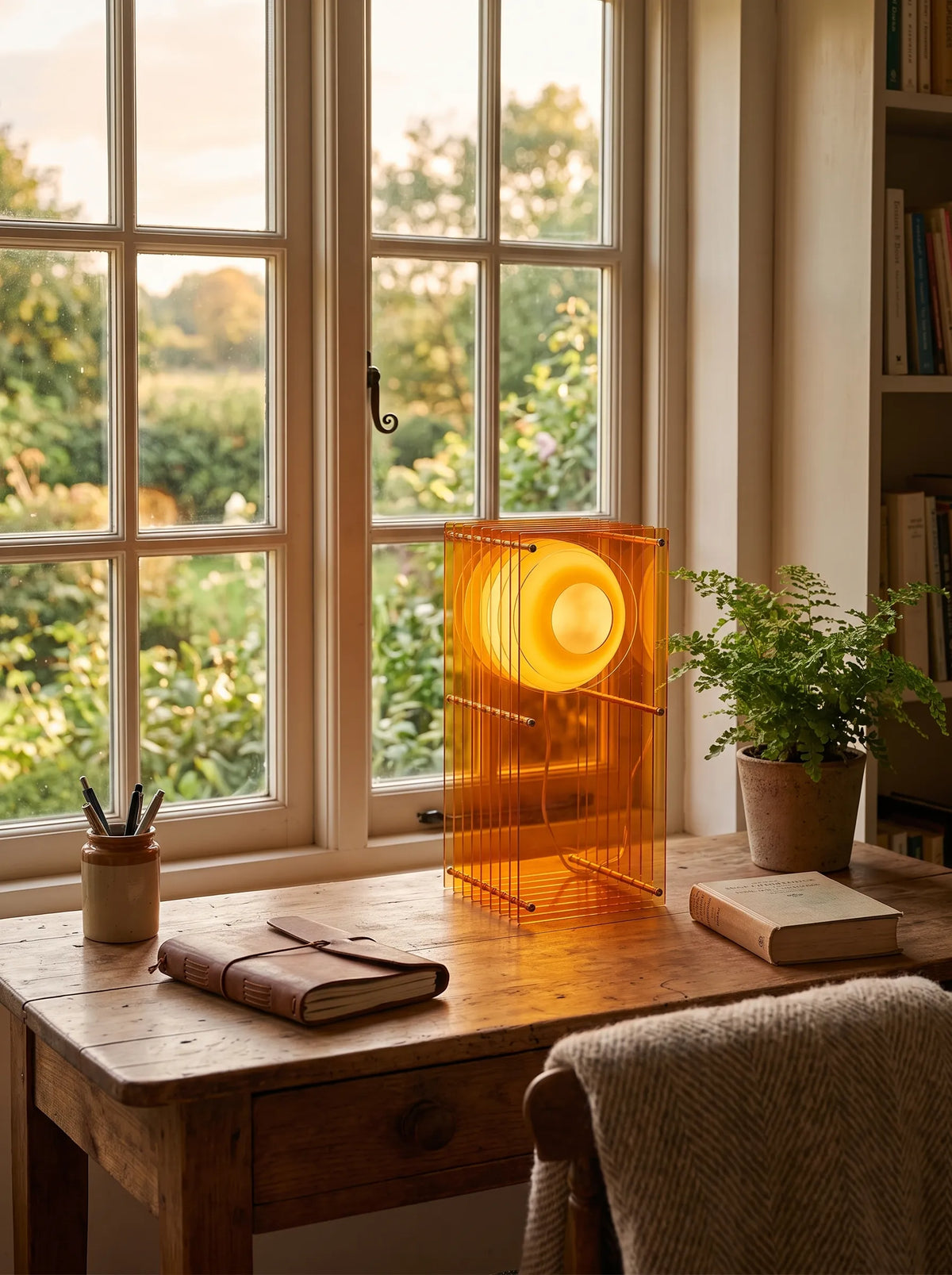 Lámpara de mesa de acrílico naranja Celuna en un salón cálido – imagen 8