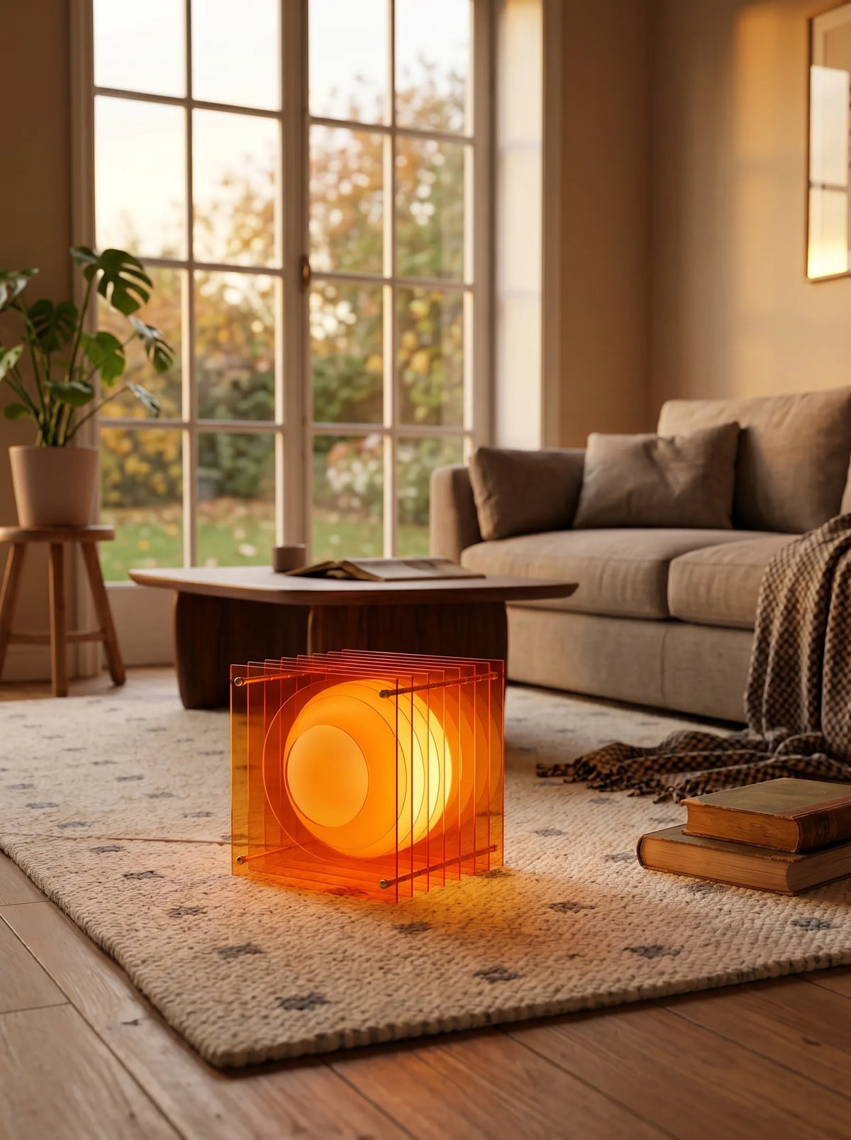 Lámpara de mesa de acrílico naranja Celuna en un salón cálido – imagen 7