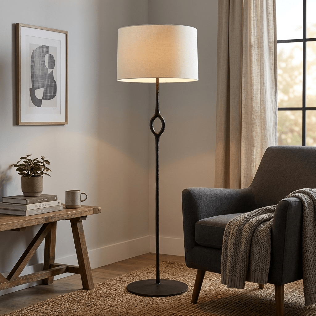 Lámpara de pie escultural Danira junto a un sillón en un rincón de lectura – imagen 6