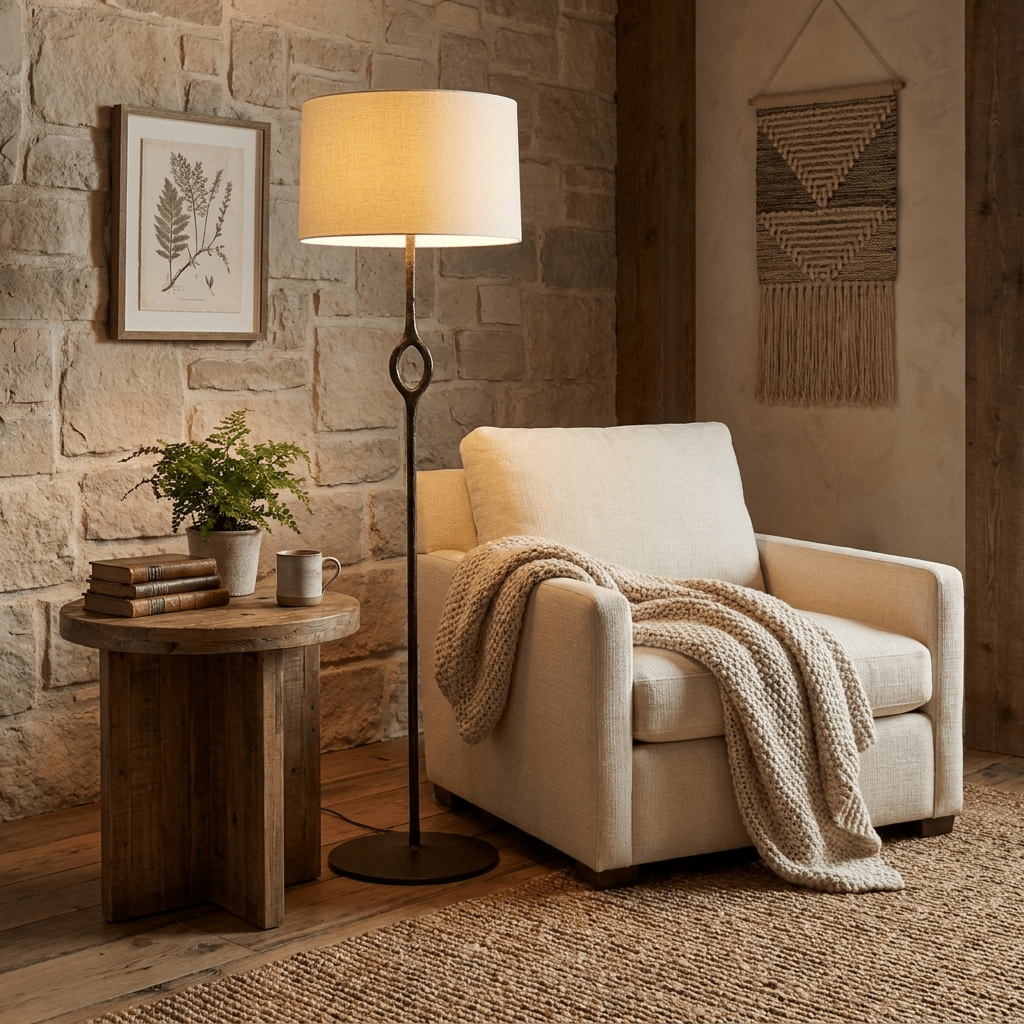 Lámpara de pie escultural Danira junto a un sillón en un rincón de lectura – imagen 3