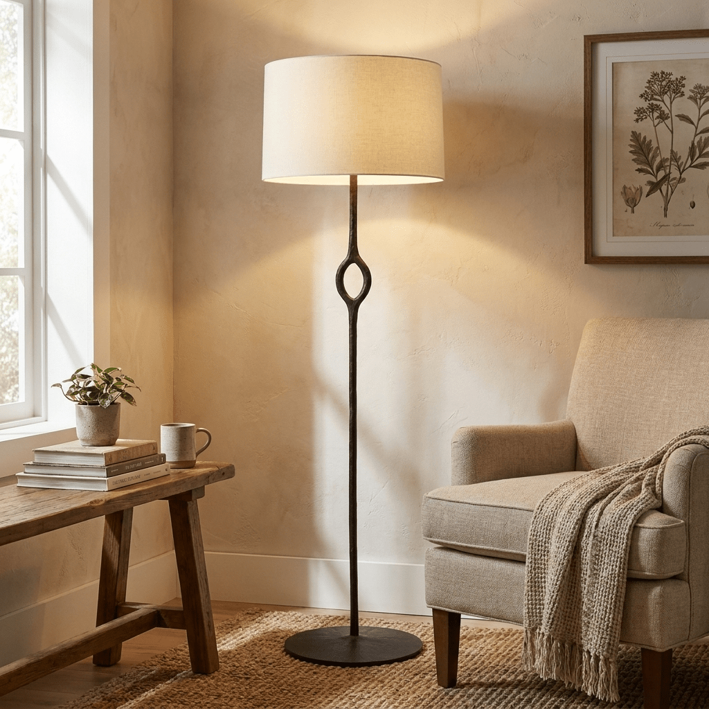 Lámpara de pie escultural Danira junto a un sillón en un rincón de lectura – imagen 4