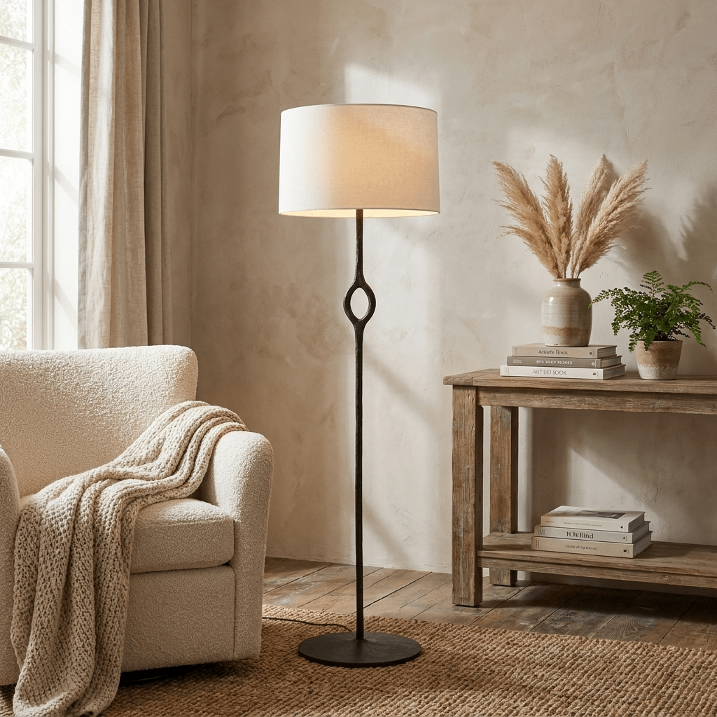 Lámpara de pie escultural Danira junto a un sillón en un rincón de lectura – imagen 5