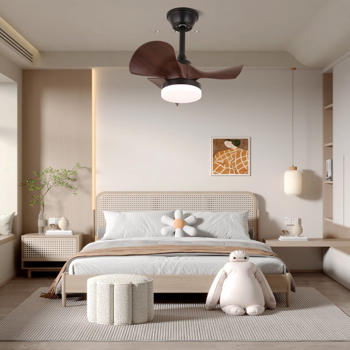 Ventilador de techo con luz Borela en un dormitorio moderno – imagen 3