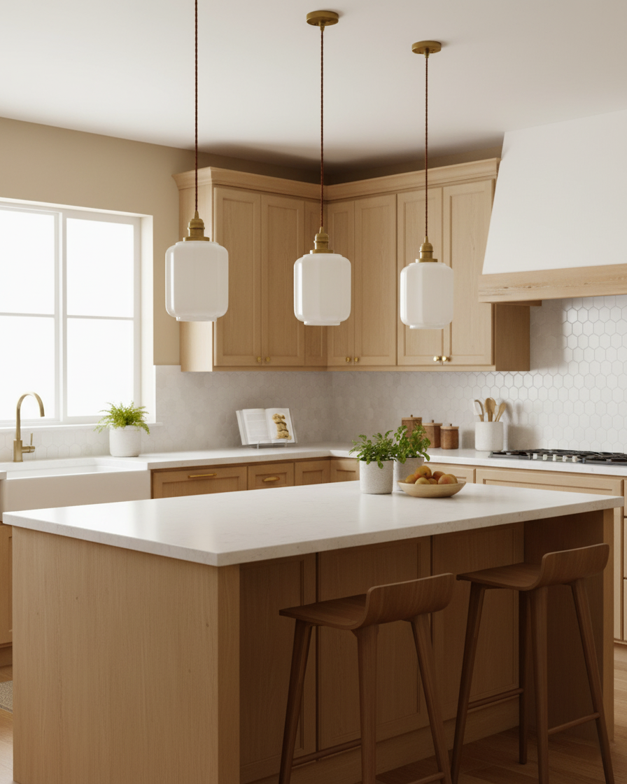 Lámpara colgante de cristal opalino Galena sobre una mesa de cocina – imagen 10