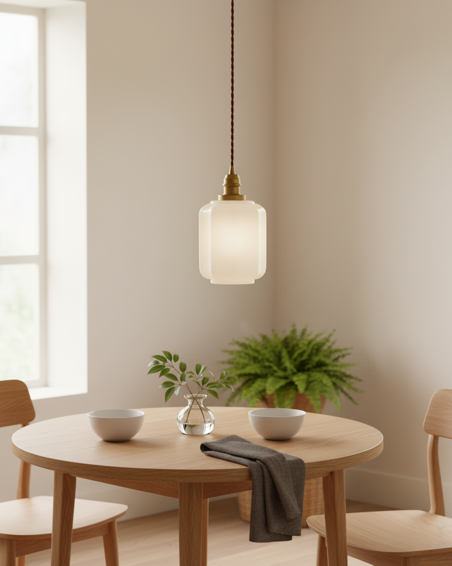Lámpara colgante de cristal opalino Galena sobre una mesa de cocina – imagen 11