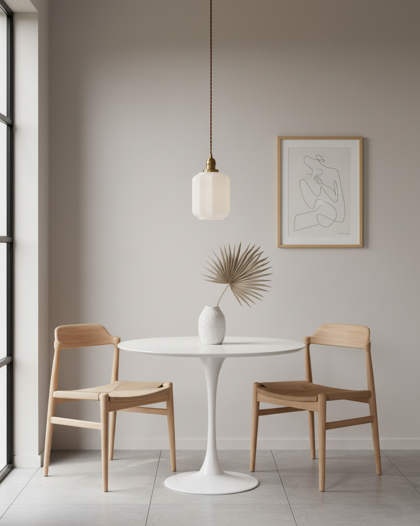 Lámpara colgante de cristal opalino Galena sobre una mesa de cocina – imagen 13