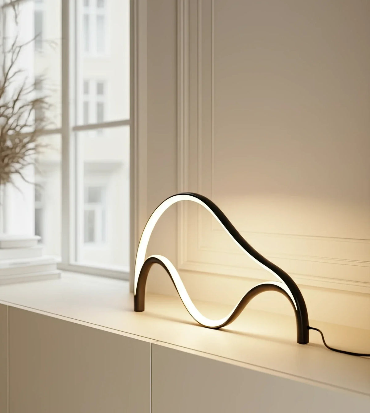 Lámpara de mesa LED escultural Mondea sobre un aparador blanco – imagen 3