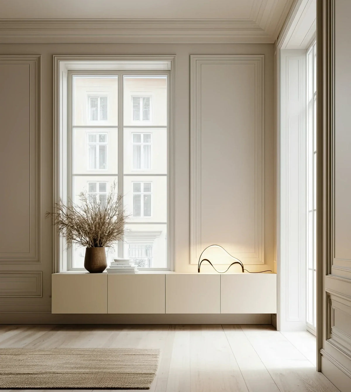Lámpara de mesa LED escultural Mondea sobre un aparador blanco – imagen 5
