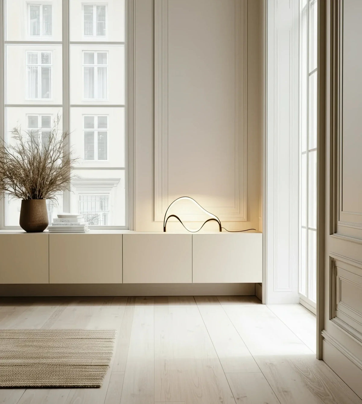 Lámpara de mesa LED escultural Mondea sobre un aparador blanco – imagen 7