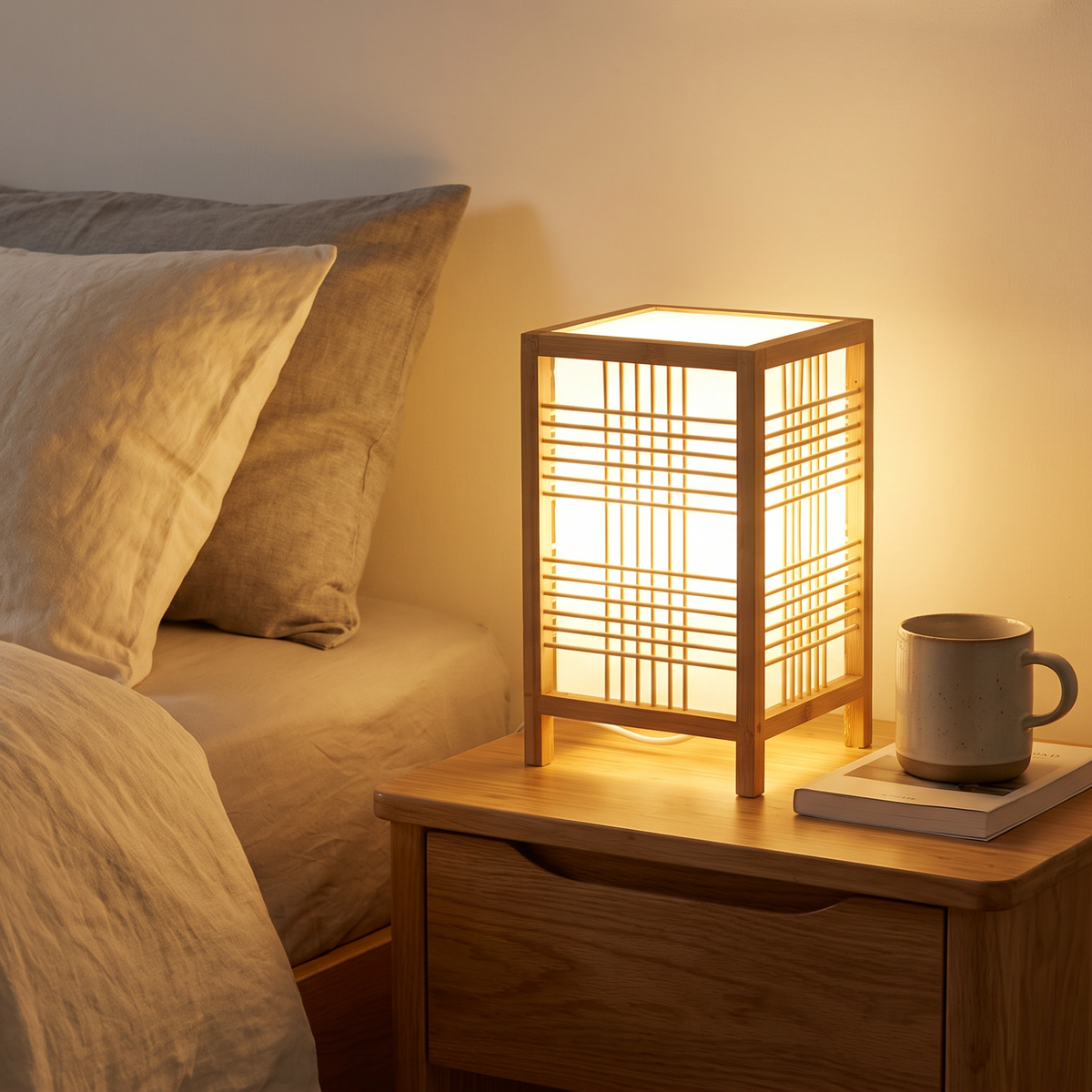 Lámpara de mesa de bambú Rejala en un dormitorio japandi – imagen 6