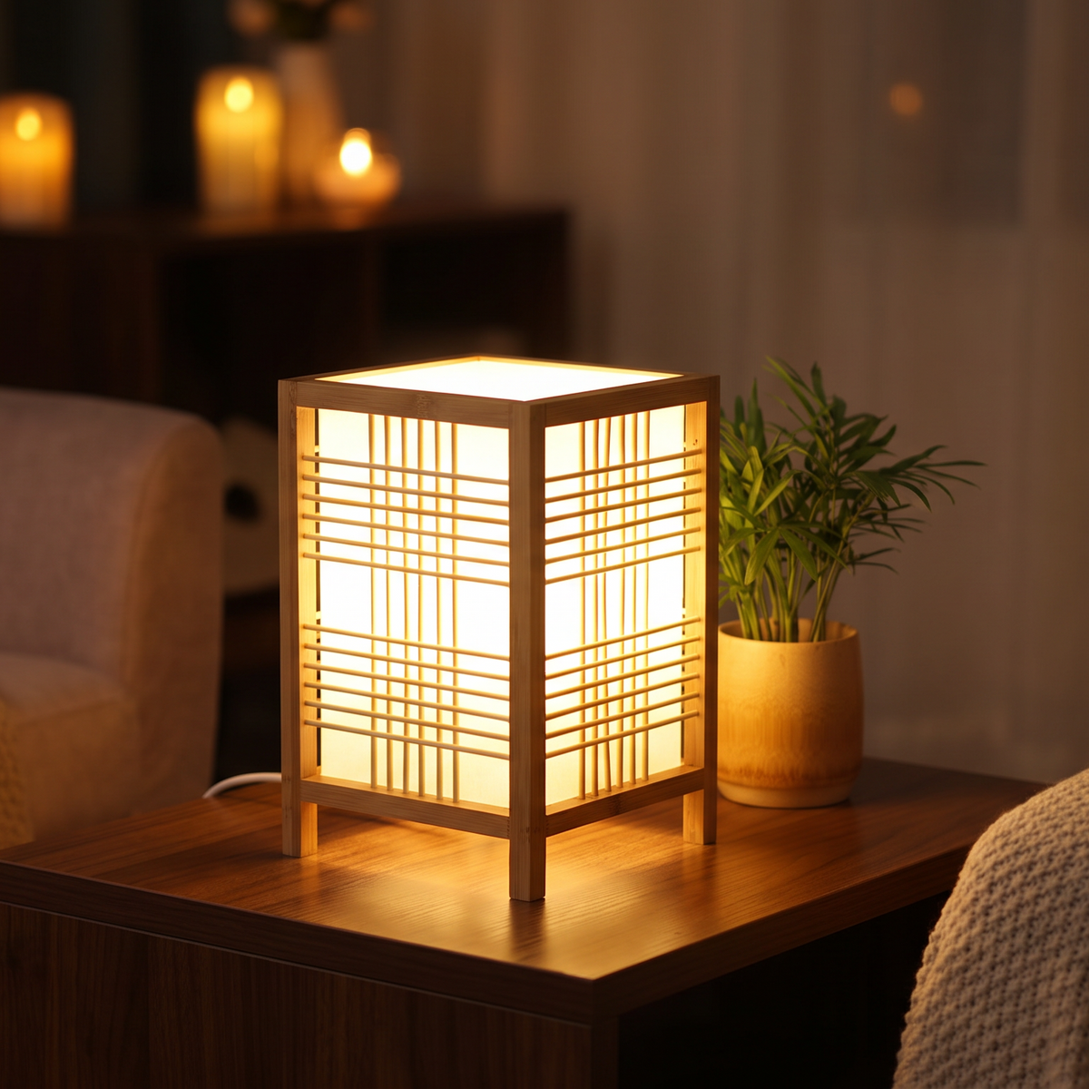 Lámpara de mesa de bambú Rejala en un dormitorio japandi – imagen 5