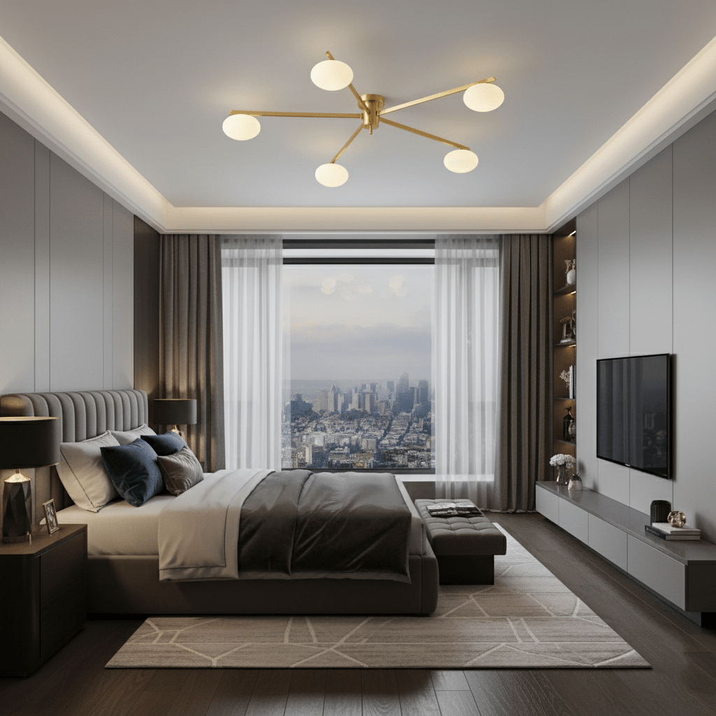 Lámpara de techo de brazos Estrela – dorada en un dormitorio moderno