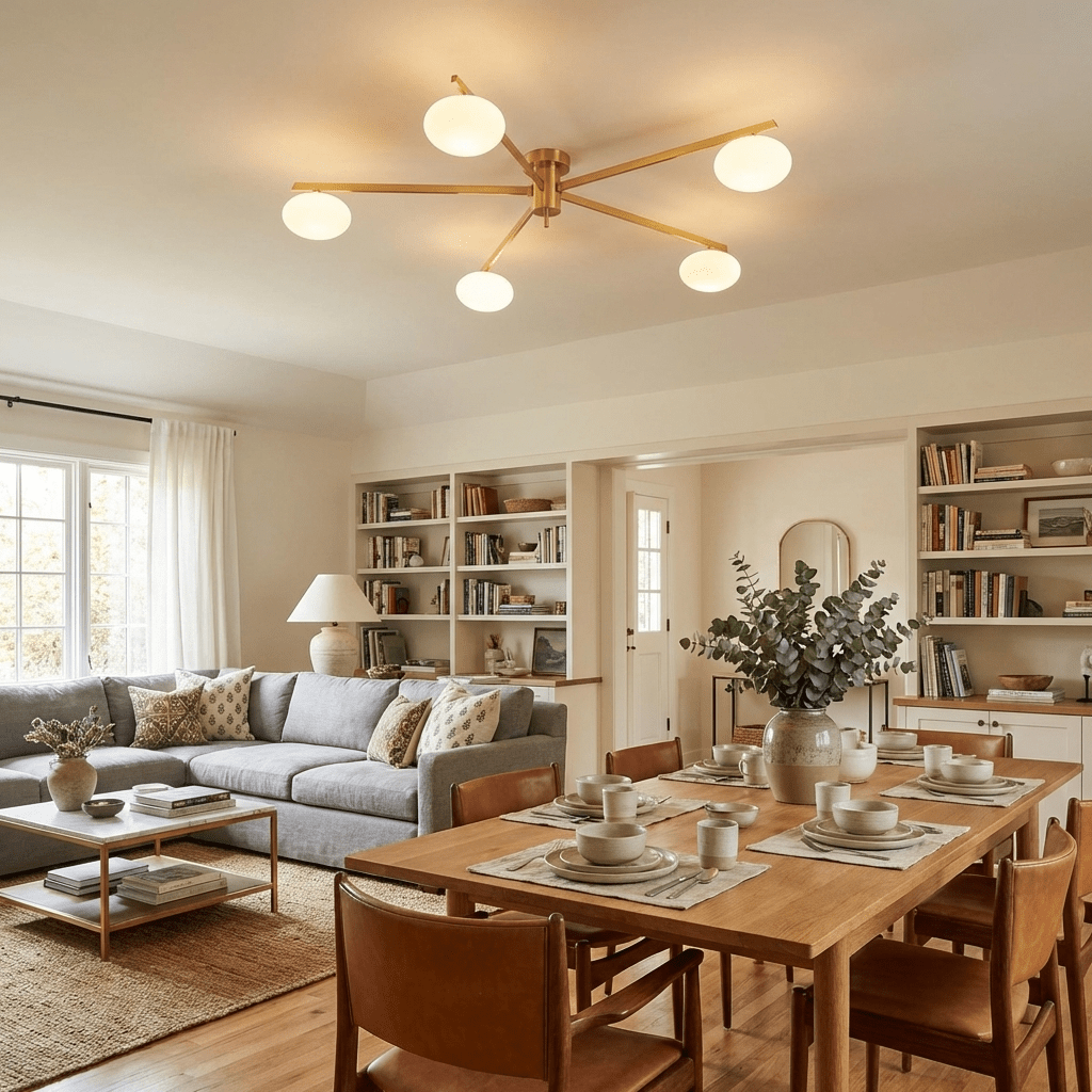 Lámpara de techo de brazos Estrela – dorada sobre una mesa de comedor