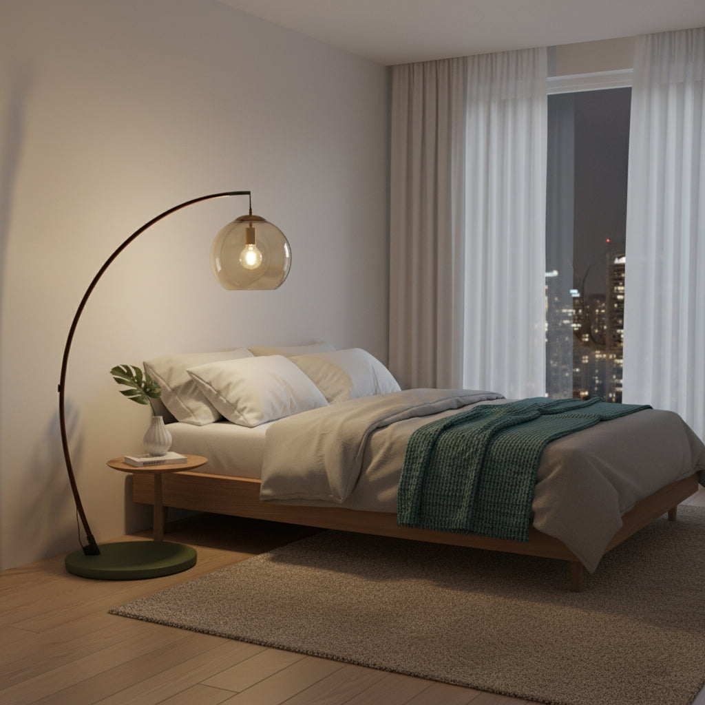 Lámpara de pie de arco con globo de cristal ámbar Jamina – junto a la cama en un dormitorio