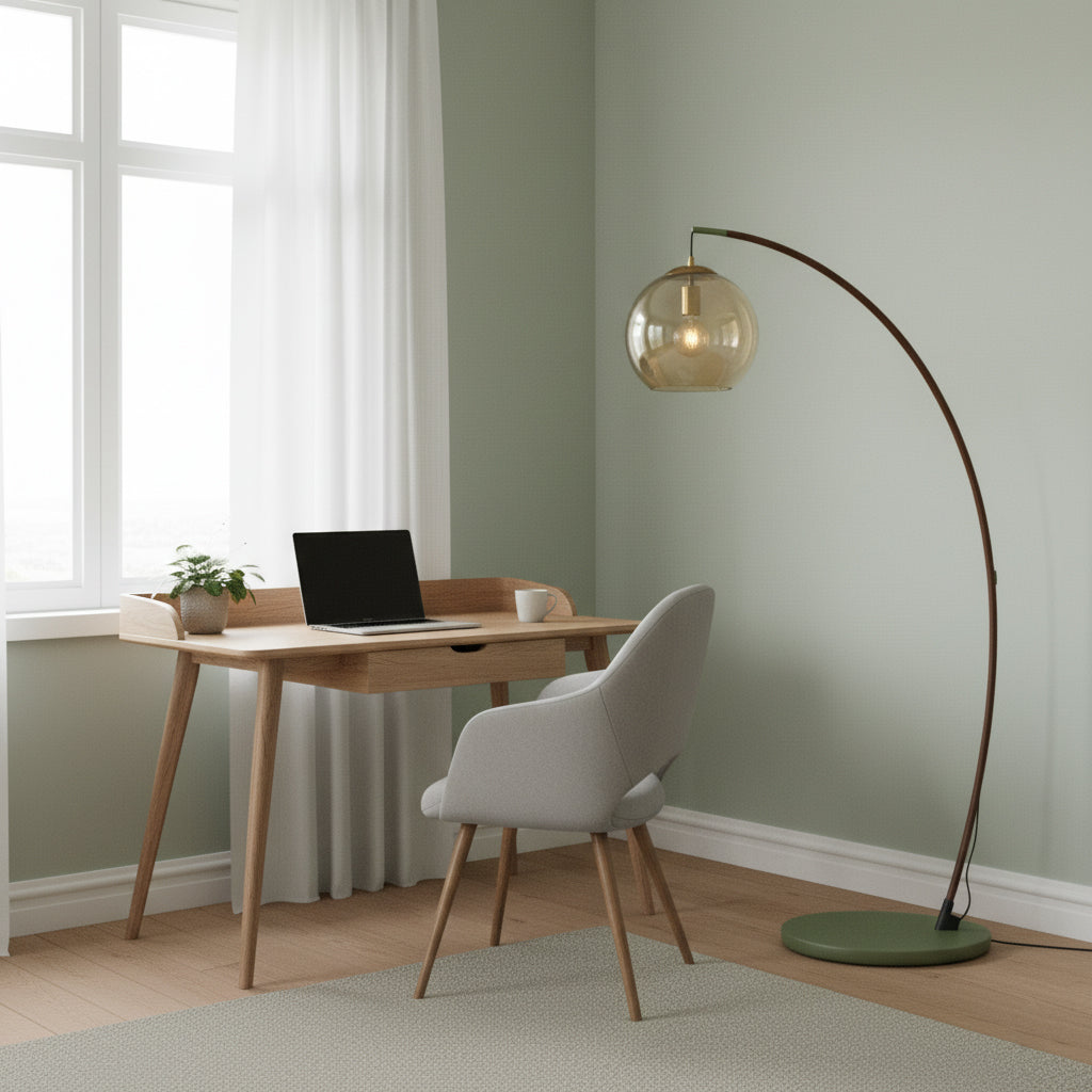 Lámpara de pie de arco con globo de cristal ámbar Jamina en un salón luminoso – imagen 10