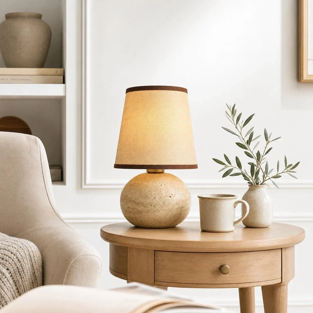 Lámpara de mesa de travertino Bolinda en un dormitorio sereno – imagen 7