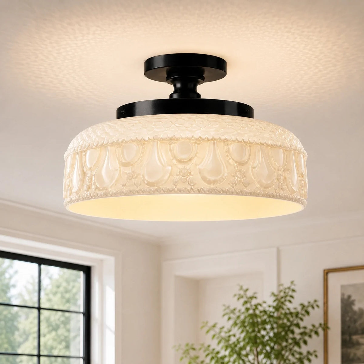 Plafón de cristal texturizado Bisel – negro, opalina blanca
