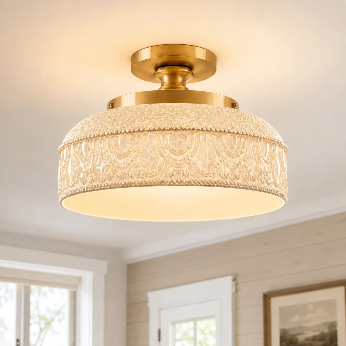 Plafón de cristal texturizado Bisel – dorado, opalina blanca
