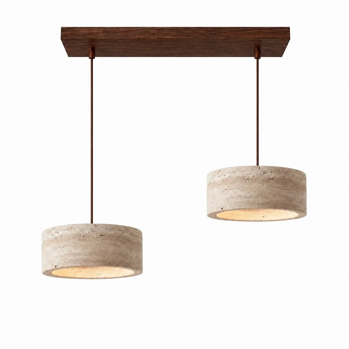 Lámpara colgante de travertino Rodela – Ø 30 × 11 cm, cilíndrica, 2 luces · base de nogal 60 cm