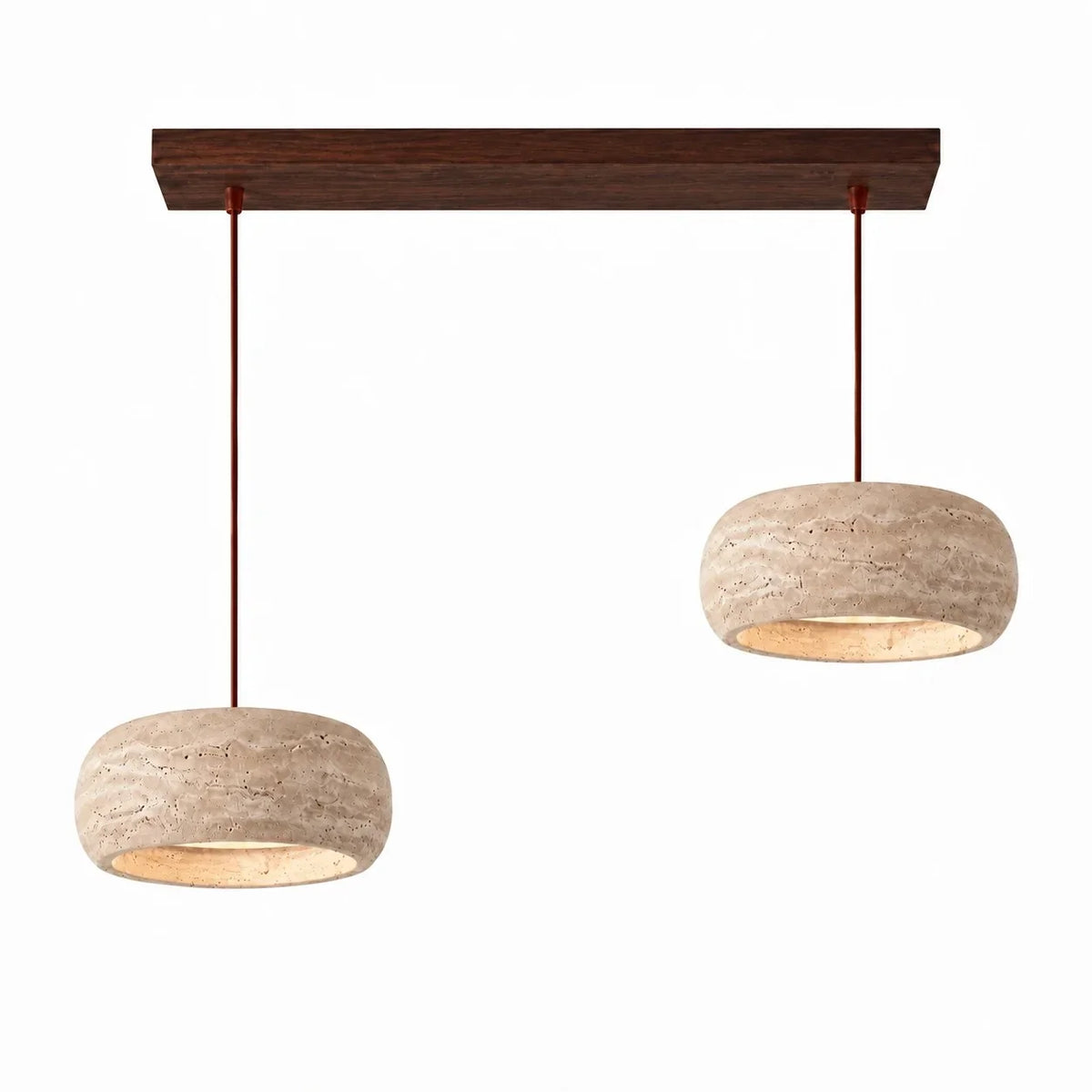 Lámpara colgante de travertino Rodela – Ø 30 × 11 cm, cilindro redondeado, 2 luces · base de nogal 60 cm