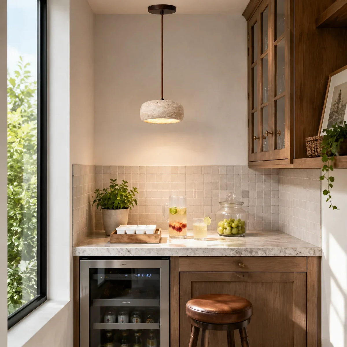 Lámpara colgante de travertino Rodela sobre una mesa de comedor – imagen 10