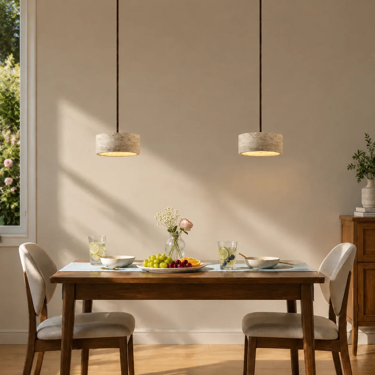 Lámpara colgante de travertino Rodela sobre una mesa de comedor – imagen 12