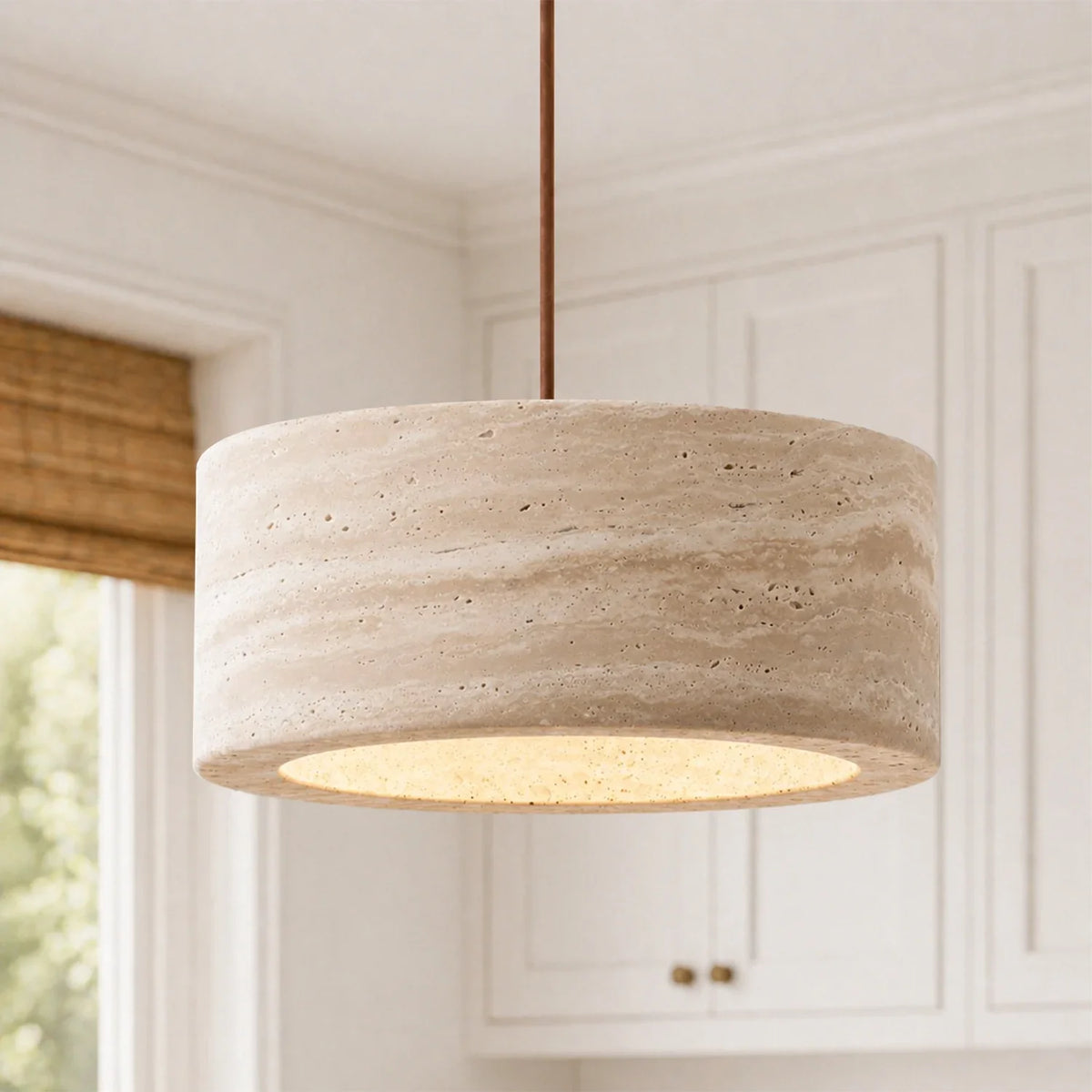 Lámpara colgante de travertino Rodela – Ø 30 × 11 cm, cilíndrica, 1 luz