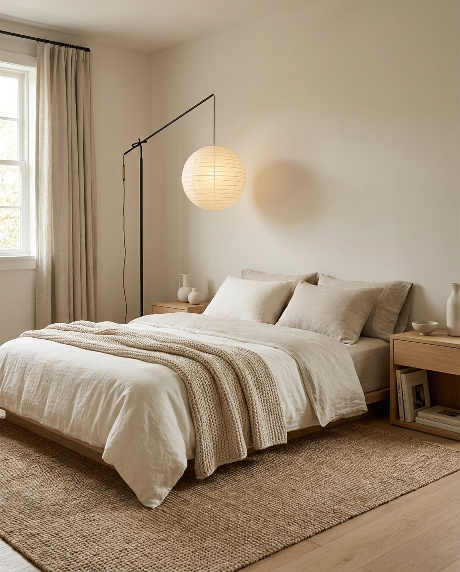 Lámpara de pie con farol de papel Clarinda junto a un sillón en el salón – imagen 6