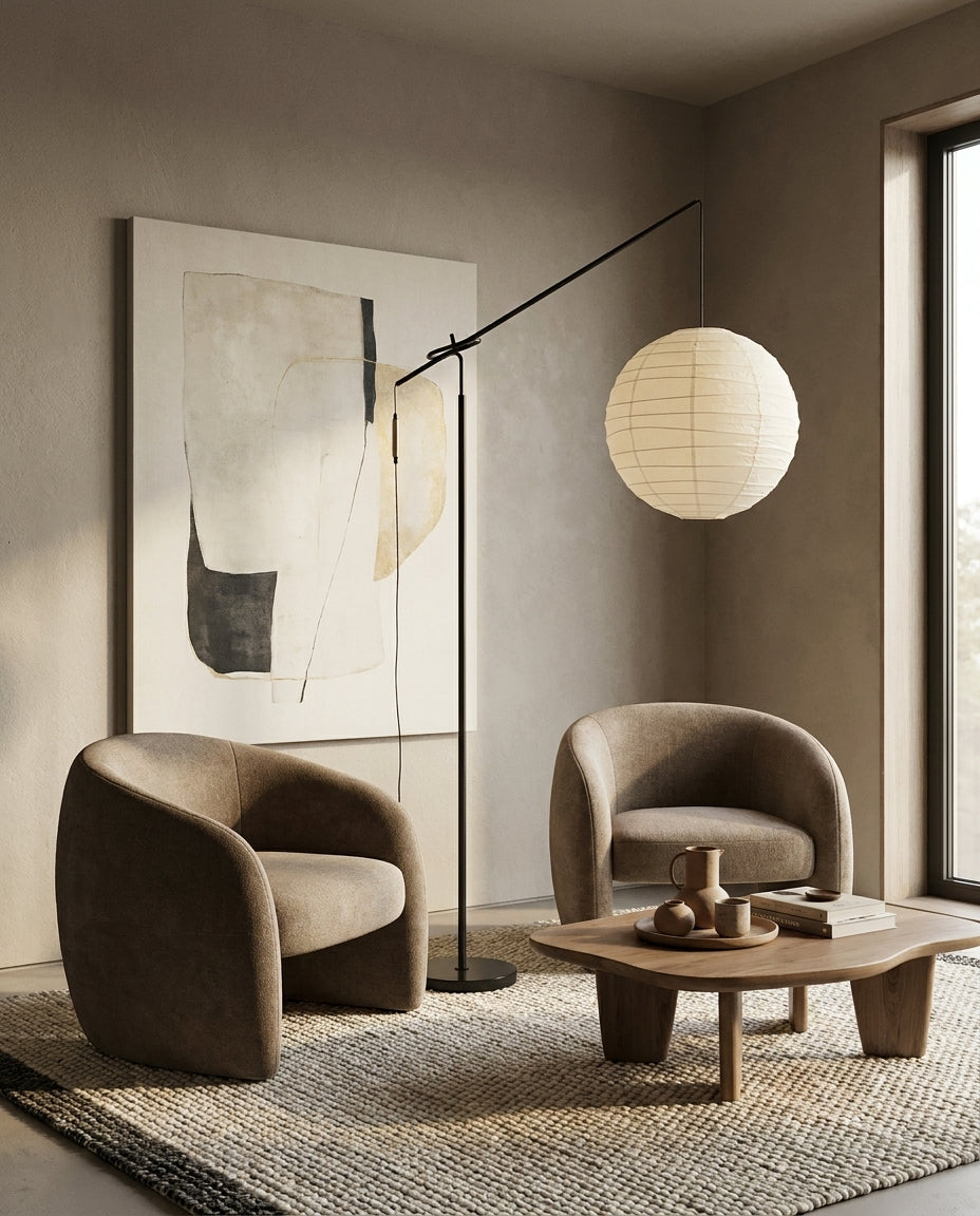 Lámpara de pie con farol de papel Clarinda junto a un sillón en el salón – imagen 7