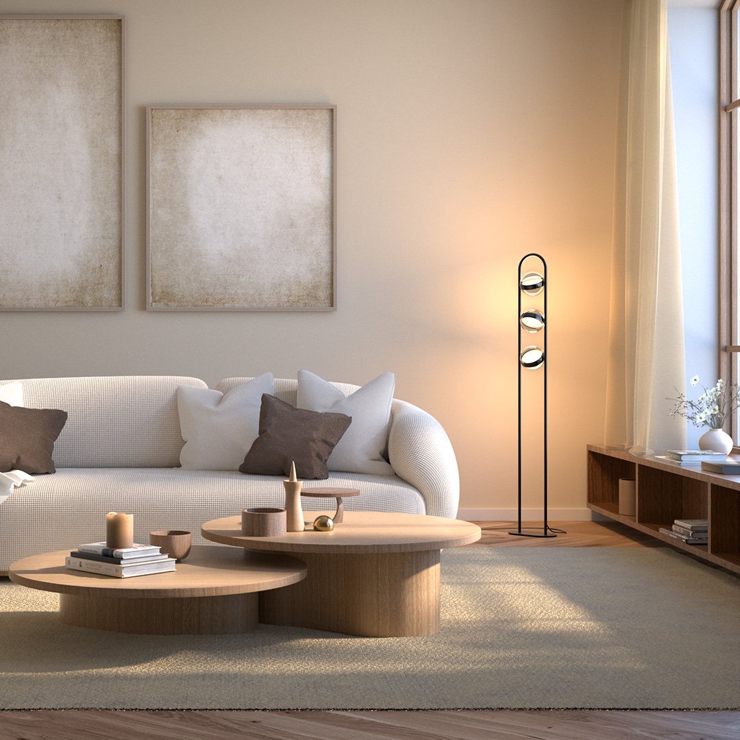 Lámpara de pie LED Romira en un salón cálido – imagen 8