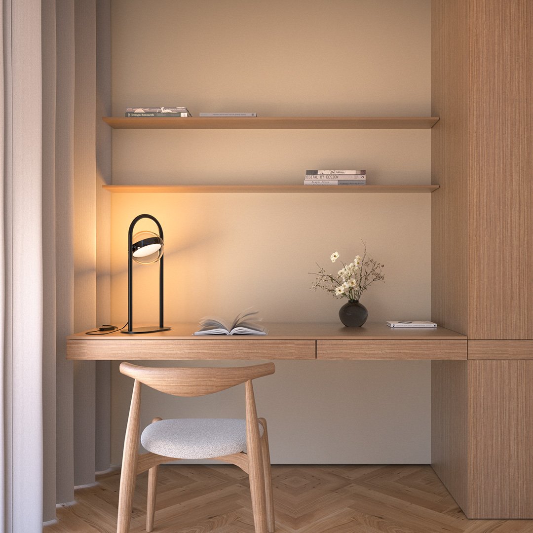 Lámpara de mesa LED Nimbela sobre un escritorio de madera – imagen 6