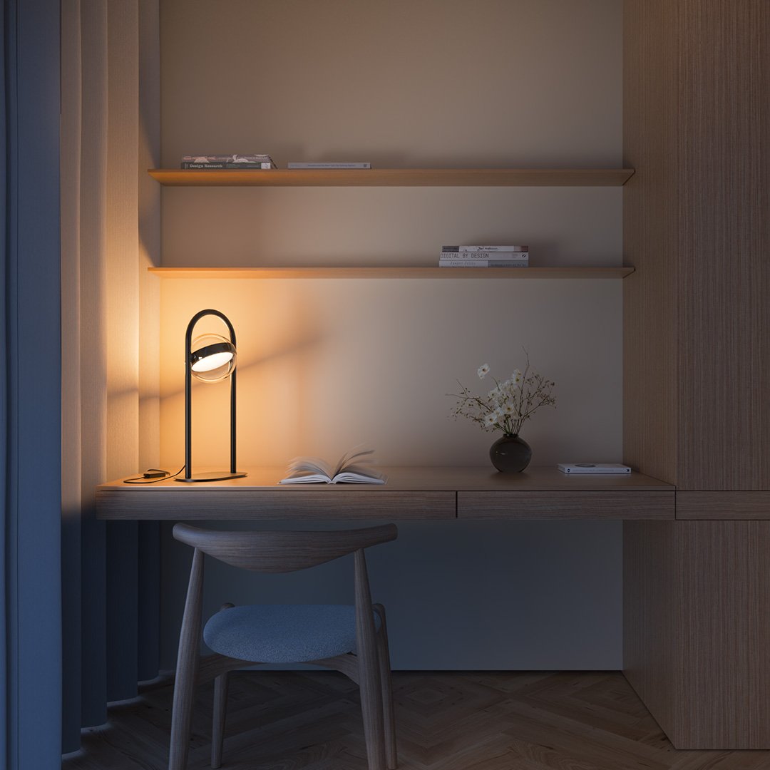 Lámpara de mesa LED Nimbela sobre un escritorio de madera – imagen 7