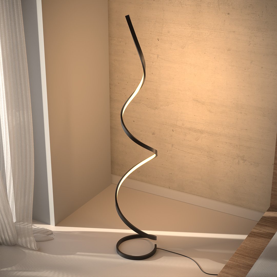 Lámpara de pie LED en espiral Rizela en un dormitorio sereno – imagen 6